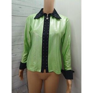 Vtg Debbie Kay Top Colorblock Blouse Black Green Button Front Shiny Sz M